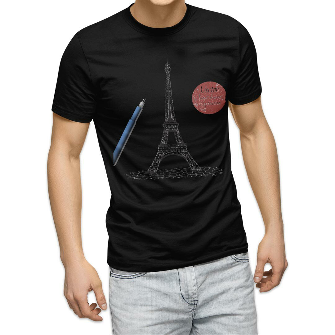 tシャツ メンズ 半袖 ブラック デザイン XS S M L XL 2XL Tシャツ ティーシャツ T shirt 黒 016052 エッフェル塔　シャーペン