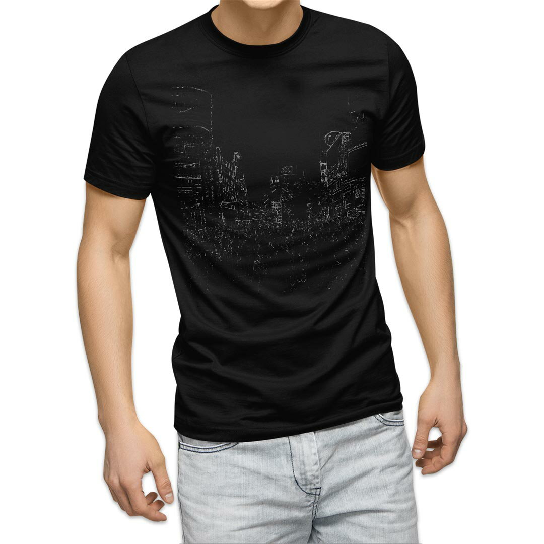 tシャツ メンズ 半袖 ブラック デザイン XS S M L XL 2XL Tシャツ ティーシャツ T shirt 黒 016069 街並み　おしゃれ　白黒 1