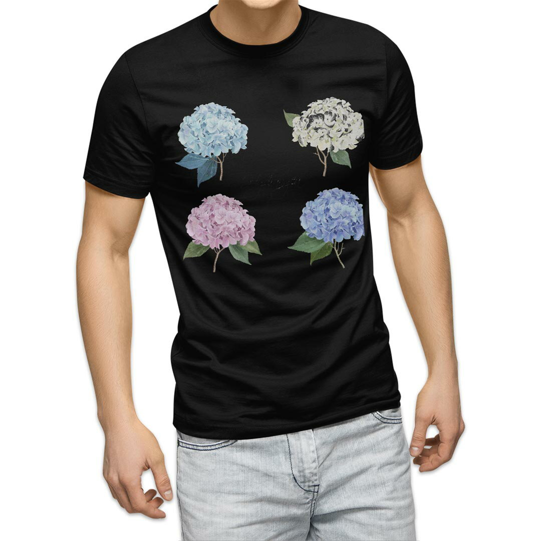 tシャツ メンズ 半袖 ブラック デザイン XS S M L XL 2XL Tシャツ ティーシャツ T shirt 黒 016326 あじさい　梅雨　花