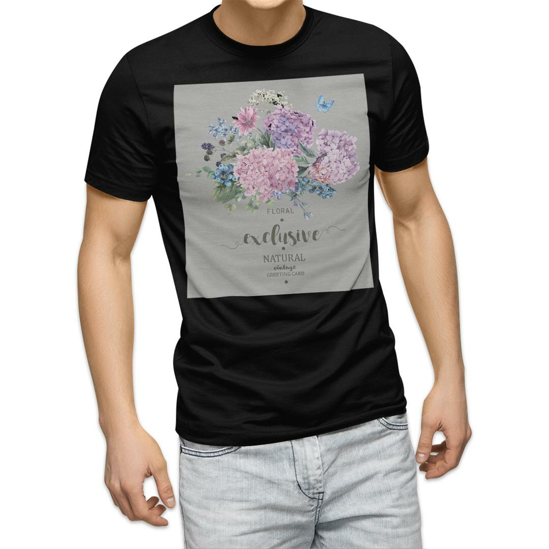 SUKA - tシャツ メンズ 半袖 ブラック デザイン XS S M L XL 2XL Tシャツ ティーシャツ T shirt 黒 016327 あじさい　梅雨　花