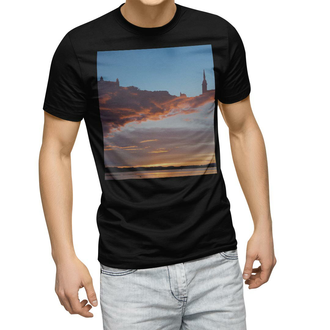 tシャツ メンズ 半袖 ブラック デザイン XS S M L XL 2XL Tシャツ ティーシャツ T shirt 黒 016397 風景 雲