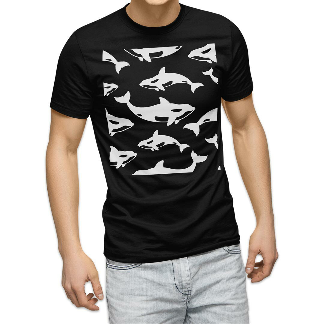 tシャツ メンズ 半袖 ブラック デザイン XS S M L XL 2XL Tシャツ ティーシャツ T shirt 黒 016476 いるか　魚　シャチ