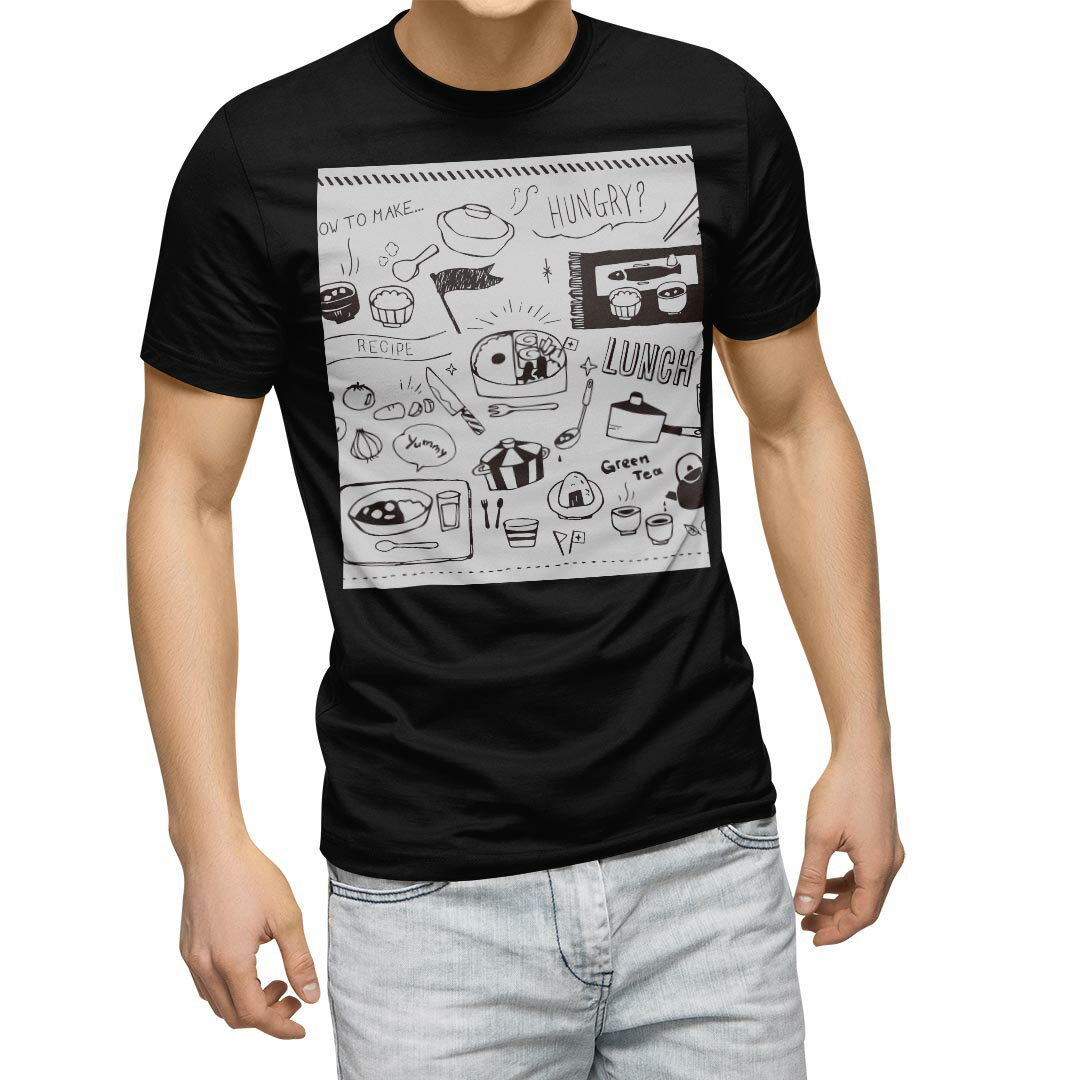 tシャツ メンズ 半袖 ブラック デザイン XS S M L XL 2XL Tシャツ ティーシャツ T shirt　黒 016500 お弁当　モノクロ　手書き　食べ物　ご飯