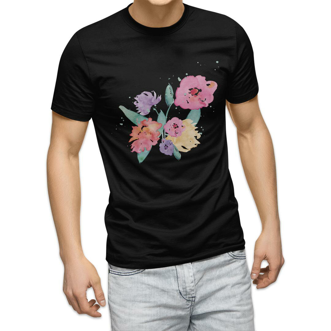 tシャツ メンズ 半袖 ブラック デザイン XS S M L XL 2XL Tシャツ ティーシャツ T shirt　黒 017760 花 花　フラワー　手書き風