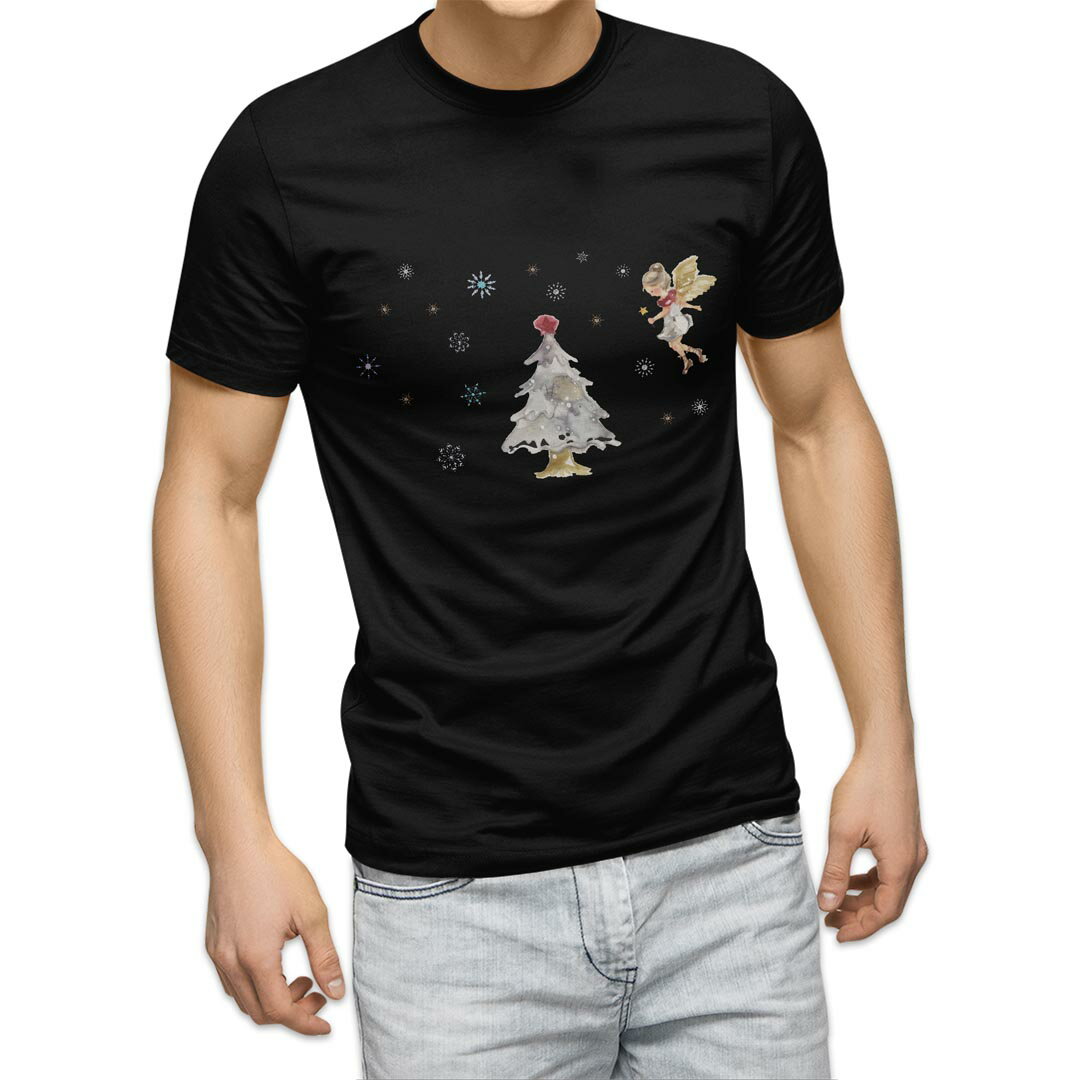 tシャツ メンズ 半袖 ブラック デザイン XS S M L XL 2XL Tシャツ ティーシャツ T shirt　黒 017827 クリスマス ツリー　雪　天使　クリスマス