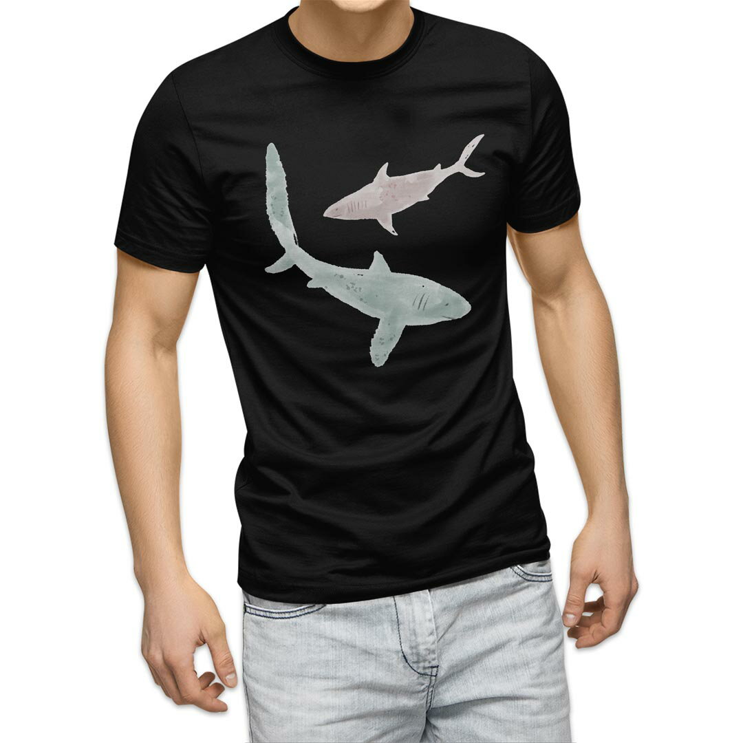 tシャツ メンズ 半袖 ブラック デザイン XS S M L XL 2XL Tシャツ ティーシャツ T shirt 黒 019915 さめ 鮫 サメ