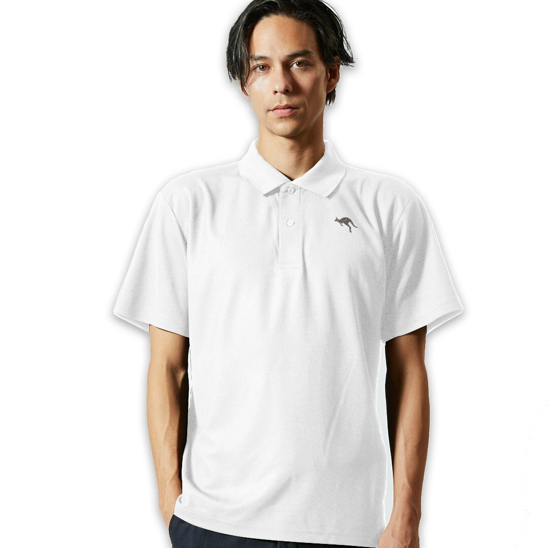 選べる4カラー メンズ ドライポロシャツ 鹿の子 メンズ 半袖 ホワイト グレー ライトブルー ベビーピンク ワンポイントデザイン Polo shirt シワが付きにくい 乾きやすい XS S M L XL 2XL 3XL 4XL 5XL 017929 ワンポイント カンガルー　シルエット　イラスト　アート