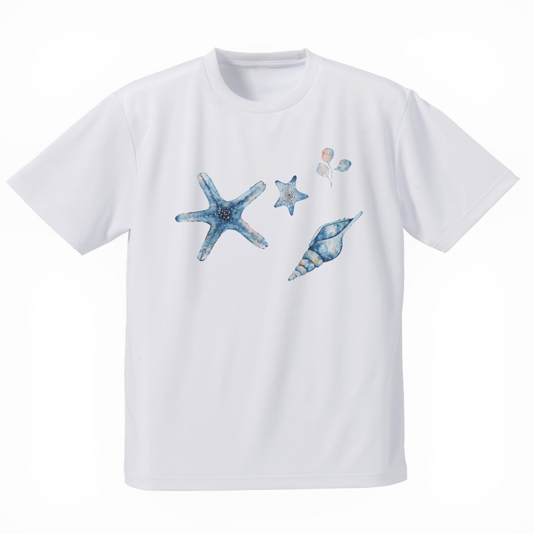 メンズ ドライTシャツ ホワイト 半袖 4.1オンス ジム トレーニング スポーツ 運動会 ドライアスレチック UVカット 紫外線遮蔽 吸水速乾 デザイン Tshirt S M L XL 2XL 3XL 4XL 5XL 6XL 017850 海の中 Underwater　ヒトデ　貝殻　海の中