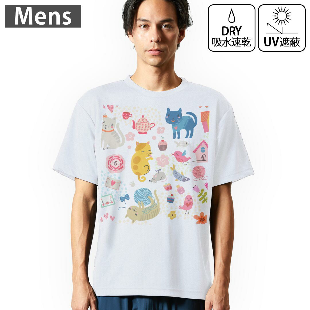 Rakuten - メンズ ドライTシャツ ホワイト 半袖 4.1オンス ジム トレーニング スポーツ 運動会 ドライアスレチック UVカット 紫外線遮蔽 吸水速乾 デザイン Tshirt S M L XL 2XL 3XL 4XL 5XL 6XL 013447 動物　鳥　猫
