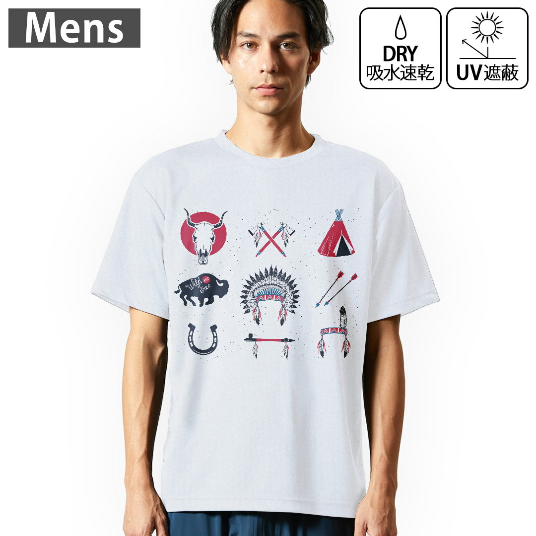 メンズ ドライTシャツ ホワイト 半袖 4.1オンス ジム トレーニング スポーツ 運動会 ドライアスレチック UVカット 紫外線遮蔽 吸水速乾 デザイン Tshirt S M L XL 2XL 3XL 4XL 5XL 6XL 014125 インディアン　弓矢