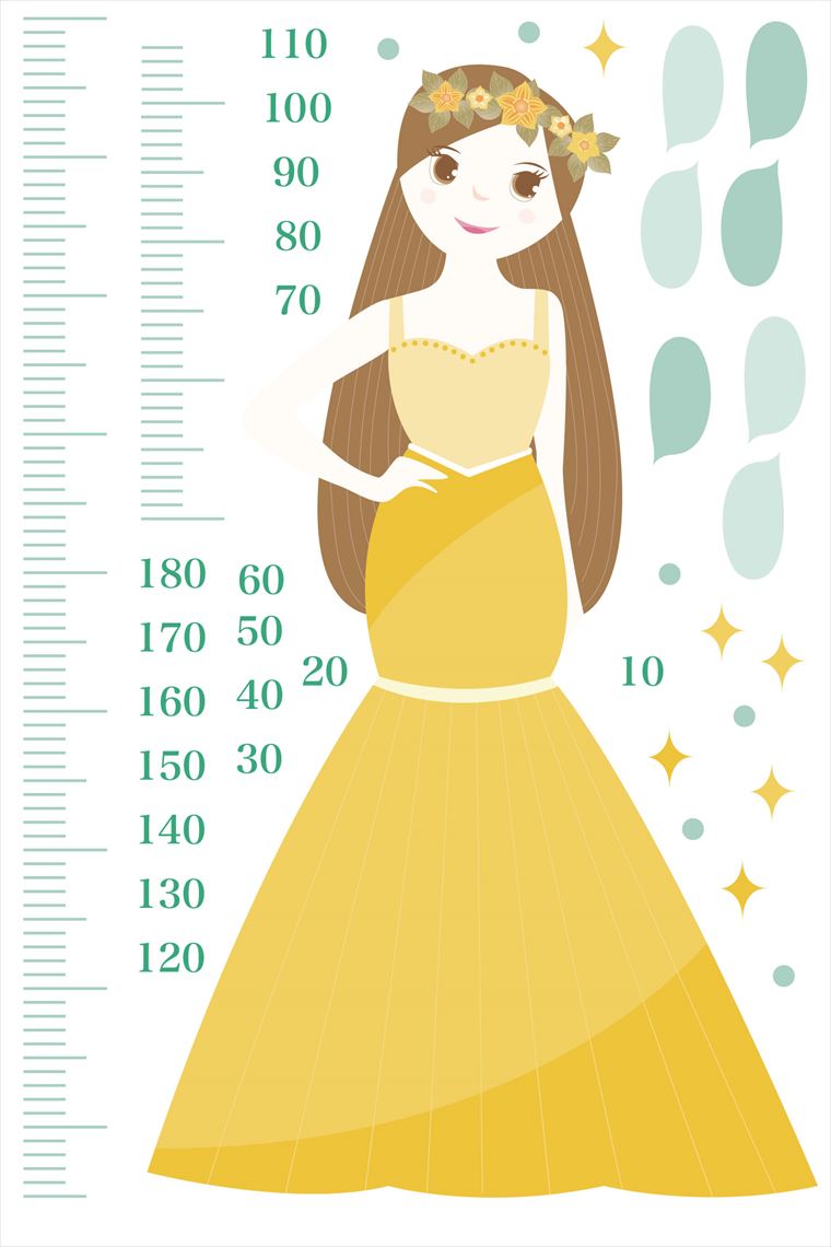 ウォールステッカー 身長計 メモ付き 記念 目盛り 子供部屋 プリンセス 姫 ドレス 北欧 90×60cm シール式 装飾 おしゃれ 壁紙 はがせる 剥がせる カッティングシート wall sticker 雑貨 DIY プチリフォーム