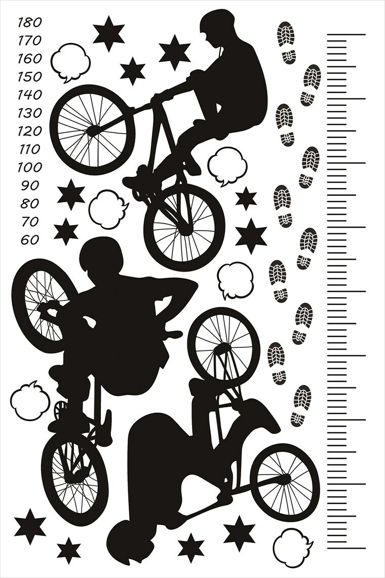 ウォールステッカー 身長計 記念 自転車 乗り物 モノトーン 白黒 90×60cm シール式 装飾 おしゃれ 壁紙 はがせる 剥がせる カッティングシート wall sticker 雑貨 DIY プチリフォーム