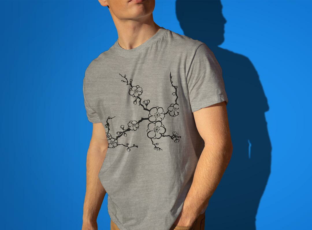 Tシャツ メンズ 半袖 ホワイト グレー デザイン S M L XL 2XL Tシャツ ティーシャツ T shirt 014873 桜　白黒　春