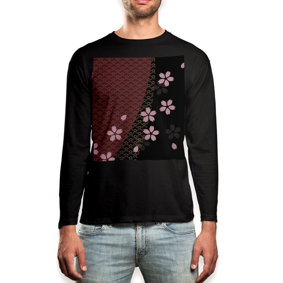 ロング tシャツ メンズ 長袖 ブラック デザイン XS S M L XL 2XL ロンT ティーシャツ 黒 black T shirt long sleeve 000049 和柄 桜 黒