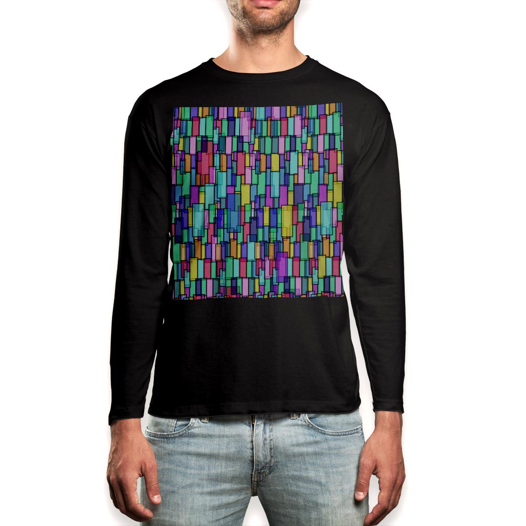 乐天商城 - ロング tシャツ メンズ 長袖 ブラック デザイン XS S M L XL 2XL ロンT ティーシャツ 黒 black T shirt long sleeve 000103 カラフル　タイル　模様