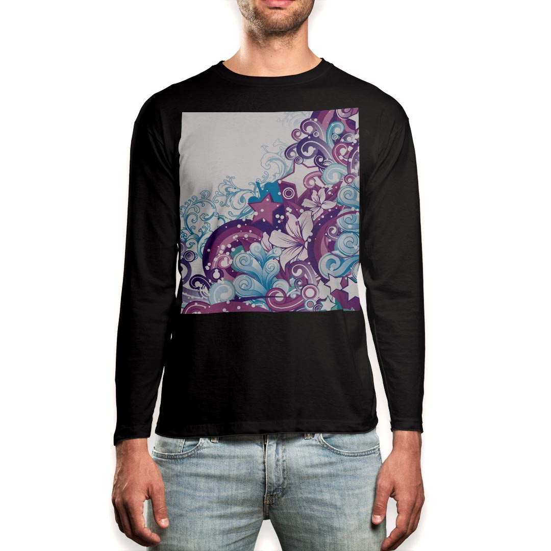 ロング tシャツ メンズ 長袖 ブラック デザイン XS S M L XL 2XL ロンT ティーシャツ 黒 black T shirt long sleeve 000104 お花　花　紫　トロピカル
