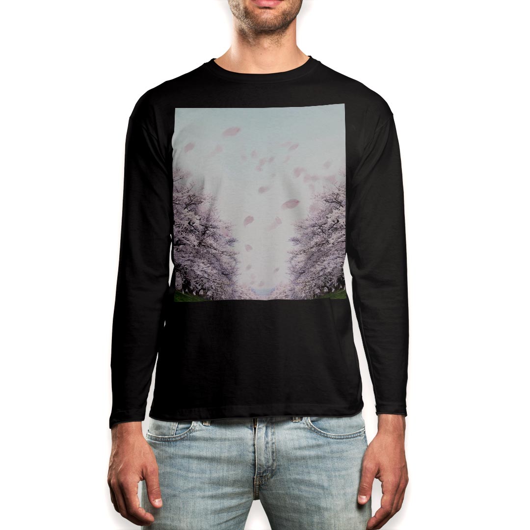 ロング tシャツ メンズ 長袖 ブラック デザイン XS S M L XL 2XL ロンT ティーシャツ 黒 black T shirt long sleeve 000123 桜 花道 春