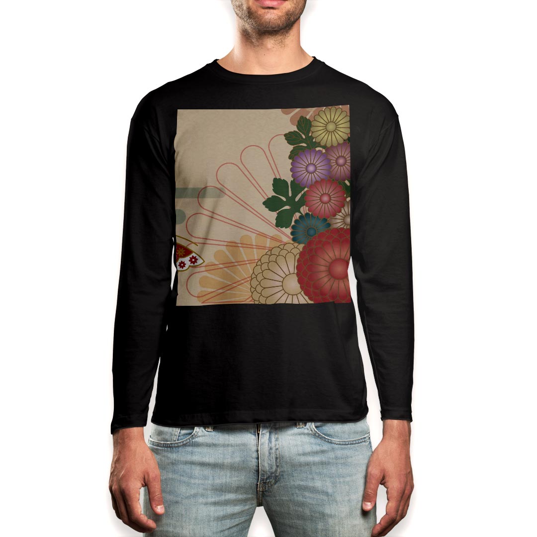 Long-Sleeved - ロング tシャツ メンズ 長袖 ブラック デザイン XS S M L XL 2XL ロンT ティーシャツ 黒 black T shirt long sleeve 000166 和柄　菊　蓮　花　赤