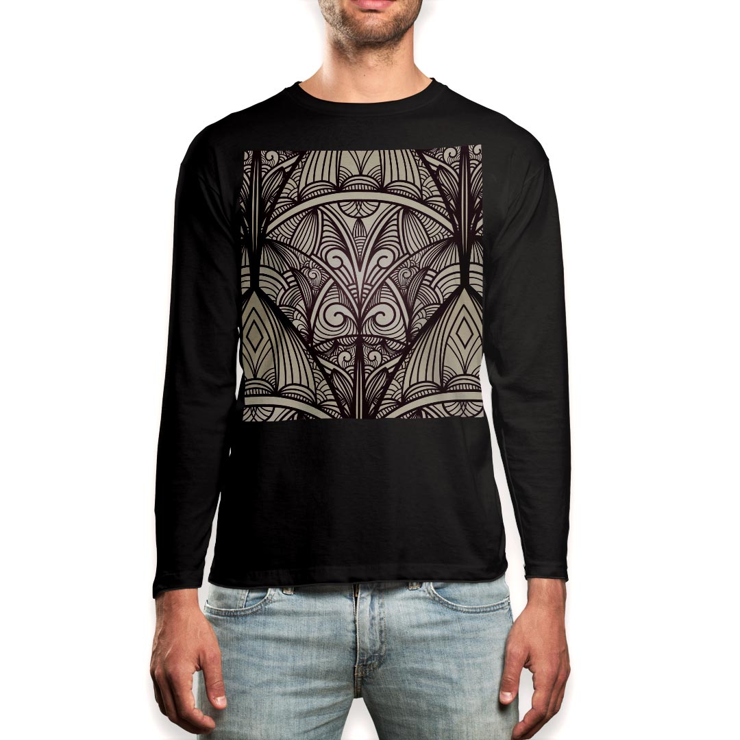 ロング tシャツ メンズ 長袖 ブラック デザイン XS S M L XL 2XL ロンT ティーシャツ 黒 black T shirt long sleeve 000401 ペイズリー　ダマスク　花