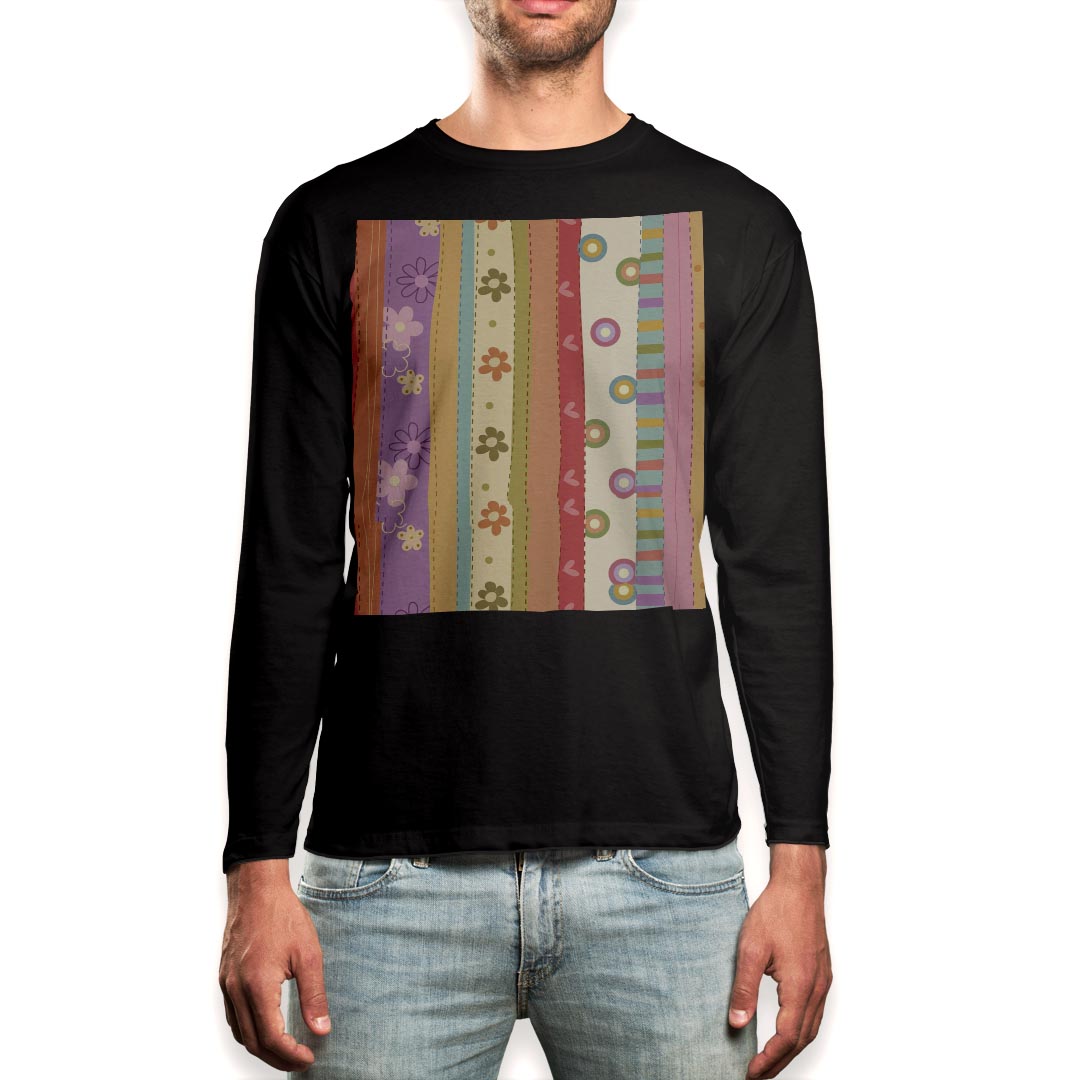 ロング tシャツ メンズ 長袖 ブラック デザイン XS S M L XL 2XL ロンT ティーシャツ 黒 black T shirt long sleeve 000689 花 ストライプ ドット