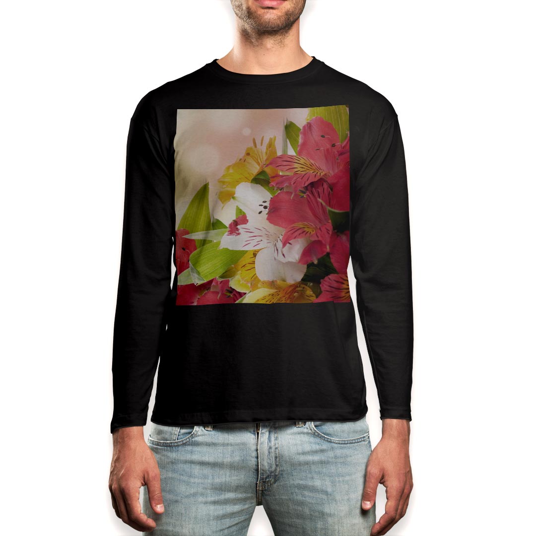 ロング tシャツ メンズ 長袖 ブラック デザイン XS S M L XL 2XL ロンT ティーシャツ 黒 black T shirt long sleeve 000970 花　ツツジ