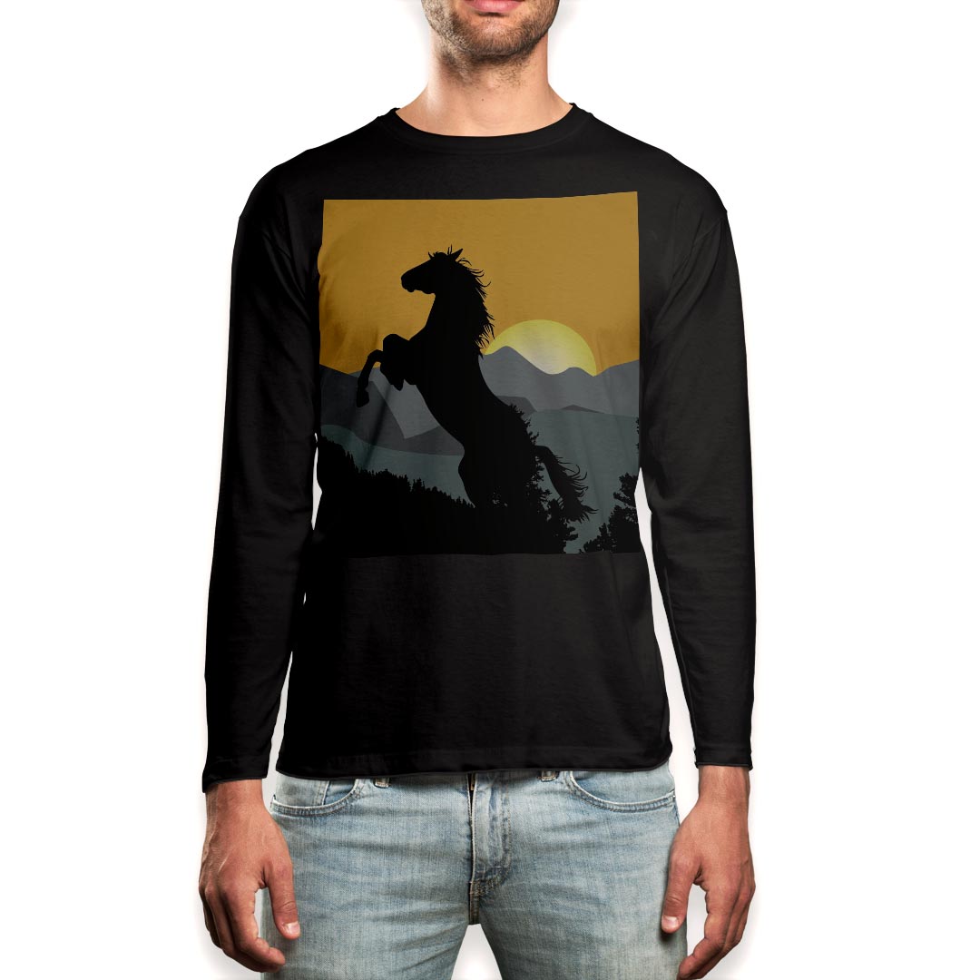 Necked Turtle - ロング tシャツ メンズ 長袖 ブラック デザイン XS S M L XL 2XL ロンT ティーシャツ 黒 black T shirt long sleeve 001142 馬　日の出　山