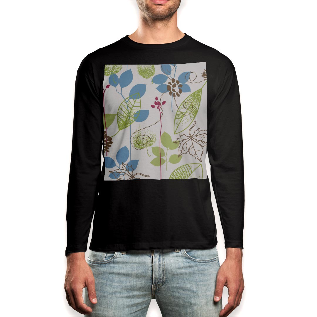 圓領 - ロング tシャツ メンズ 長袖 ブラック デザイン XS S M L XL 2XL ロンT ティーシャツ 黒 black T shirt long sleeve 001306 花　植物