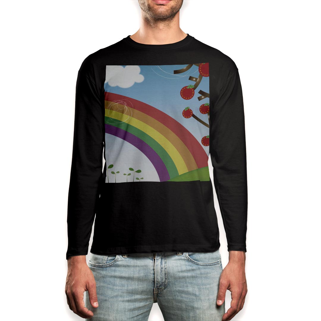 ロング tシャツ メンズ 長袖 ブラック デザイン XS S M L XL 2XL ロンT ティーシャツ 黒 black T shirt long sleeve 001342 虹 リンゴ 青空