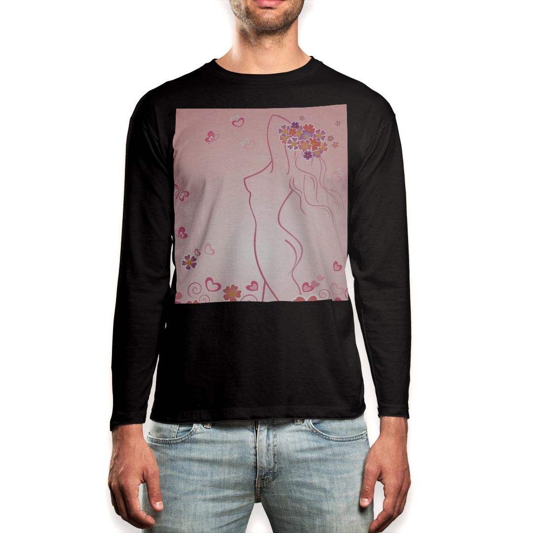 ロング tシャツ メンズ 長袖 ブラック デザイン XS S M L XL 2XL ロンT ティーシャツ 黒 black T shirt long sleeve 001344 花 女の子