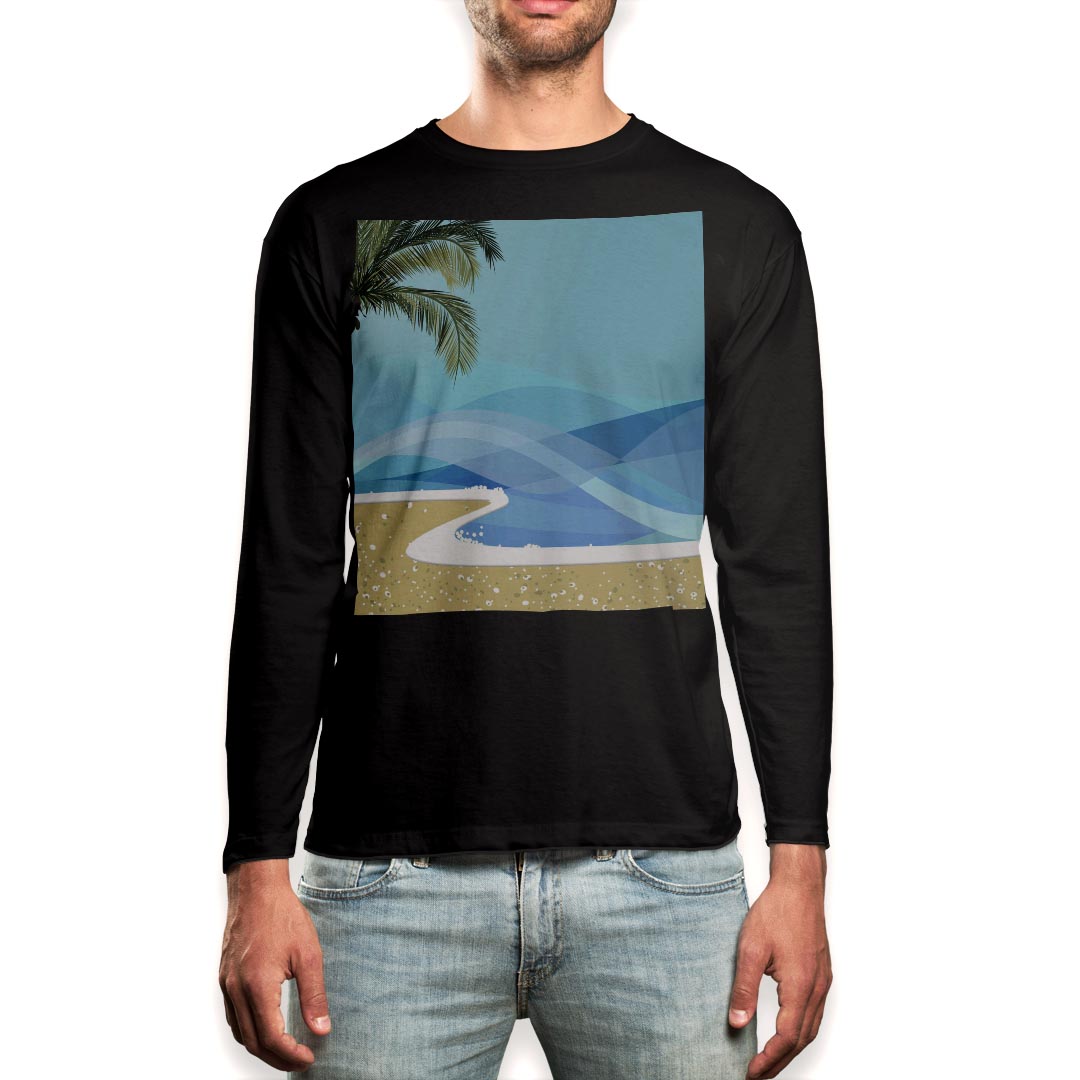 乐天商城 - ロング tシャツ メンズ 長袖 ブラック デザイン XS S M L XL 2XL ロンT ティーシャツ 黒 black T shirt long sleeve 001405 海　ヤシの木