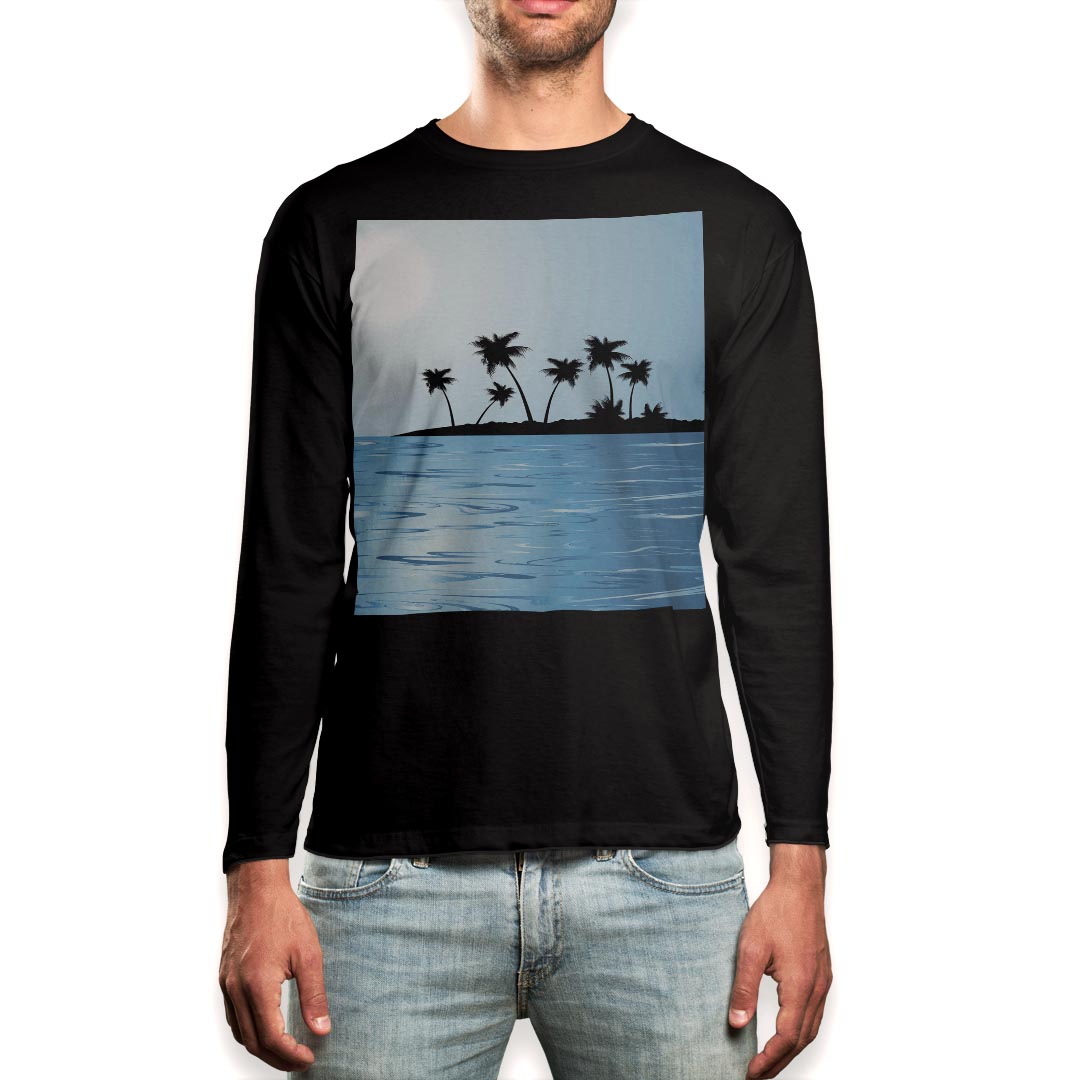 ロング tシャツ メンズ 長袖 ブラック デザイン XS S M L XL 2XL ロンT ティーシャツ 黒 black T shirt long sleeve 001418 海　ヤシの..