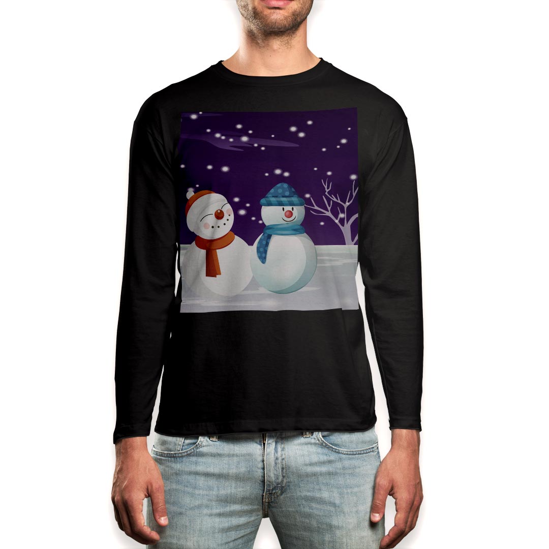 ロング tシャツ メンズ 長袖 ブラック デザイン XS S M L XL 2XL ロンT ティーシャツ 黒 black T shirt long sleeve 001498 雪 冬 雪だるま