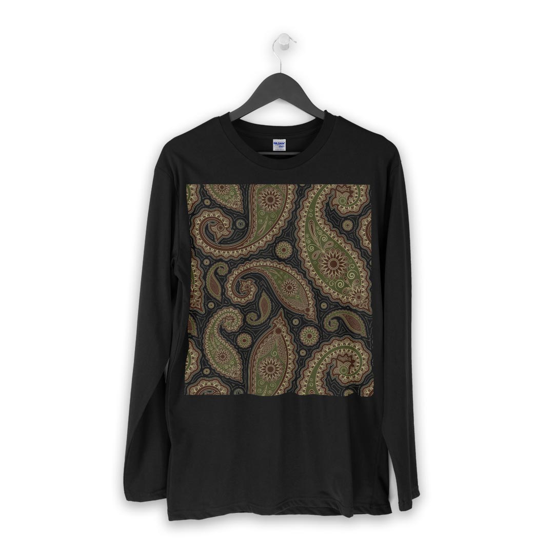 ロング tシャツ メンズ 長袖 ブラック デザイン XS S M L XL 2XL ロンT ティーシャツ 黒 black T shirt long sleeve 004435 ペイズリー　黒　緑