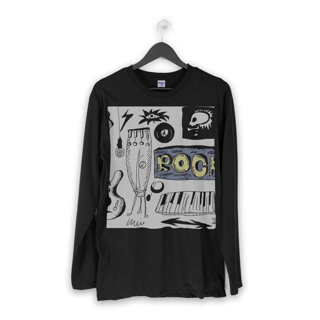 ロング tシャツ メンズ 長袖 ブラック デザイン XS S M L XL 2XL ロンT ティーシャツ 黒 black T shirt long sleeve 006739 楽器　イラスト