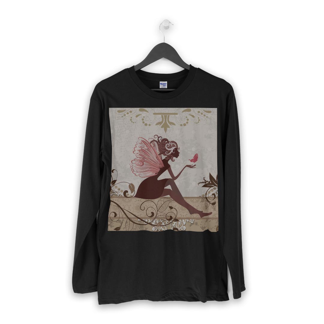 ロング tシャツ メンズ 長袖 ブラック デザイン XS S M L XL 2XL ロンT ティーシャツ 黒 black T shirt long sleeve 007095 人物　蝶