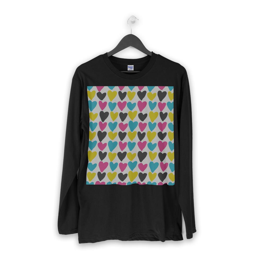 ロング tシャツ メンズ 長袖 ブラック デザイン XS S M L XL 2XL ロンT ティーシャツ 黒 black T shirt long sleeve 007976 カラフル　ハート　模様