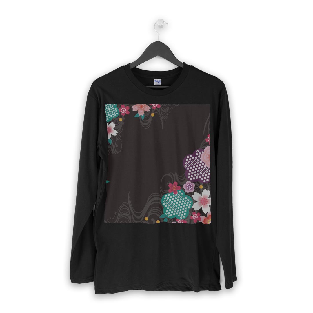 ロング tシャツ メンズ 長袖 ブラック デザイン XS S M L XL 2XL ロンT ティーシャツ 黒 black T shirt long sleeve 008179 和風　和柄　花　フラワー