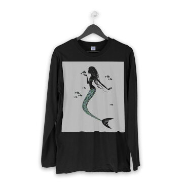 ロング tシャツ メンズ 長袖 ブラック デザイン XS S M L XL 2XL ロンT ティーシャツ 黒 black T shirt long sleeve 010279 人魚　マーメイド　モノクロ