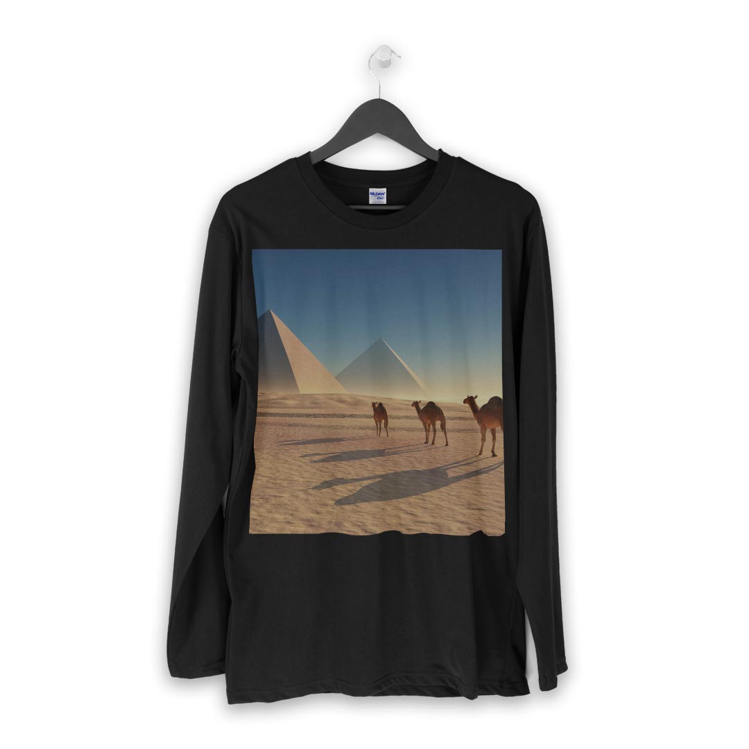 ロング tシャツ メンズ 長袖 ブラック デザイン XS S M L XL 2XL ロンT ティーシャツ 黒 black T shirt long sleeve 010934 らくだ　砂漠　ピラミッド