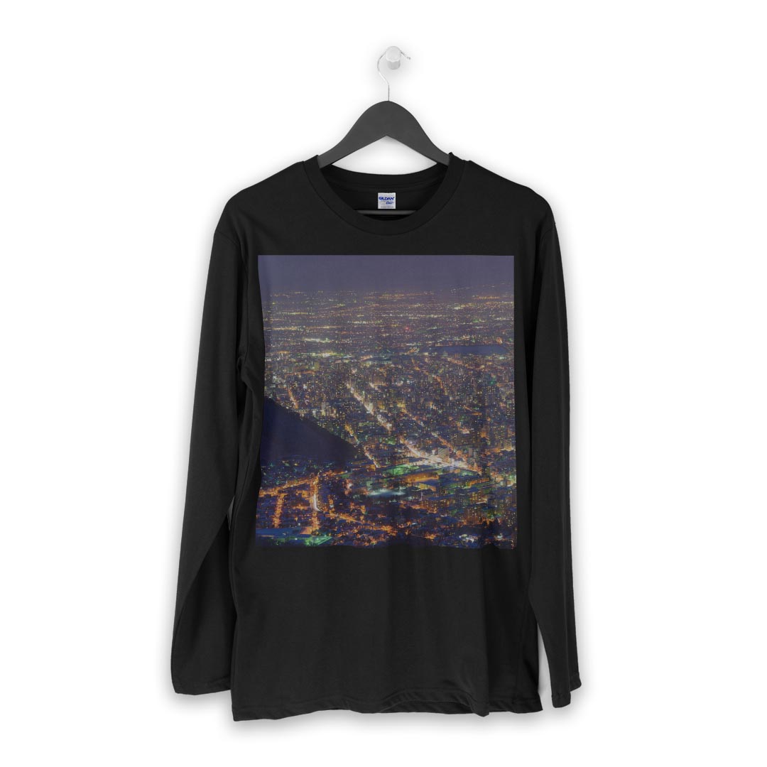 ロング tシャツ メンズ 長袖 ブラック デザイン XS S M L XL 2XL ロンT ティーシャツ 黒 black T shirt long sleeve 010983 夜景　写真