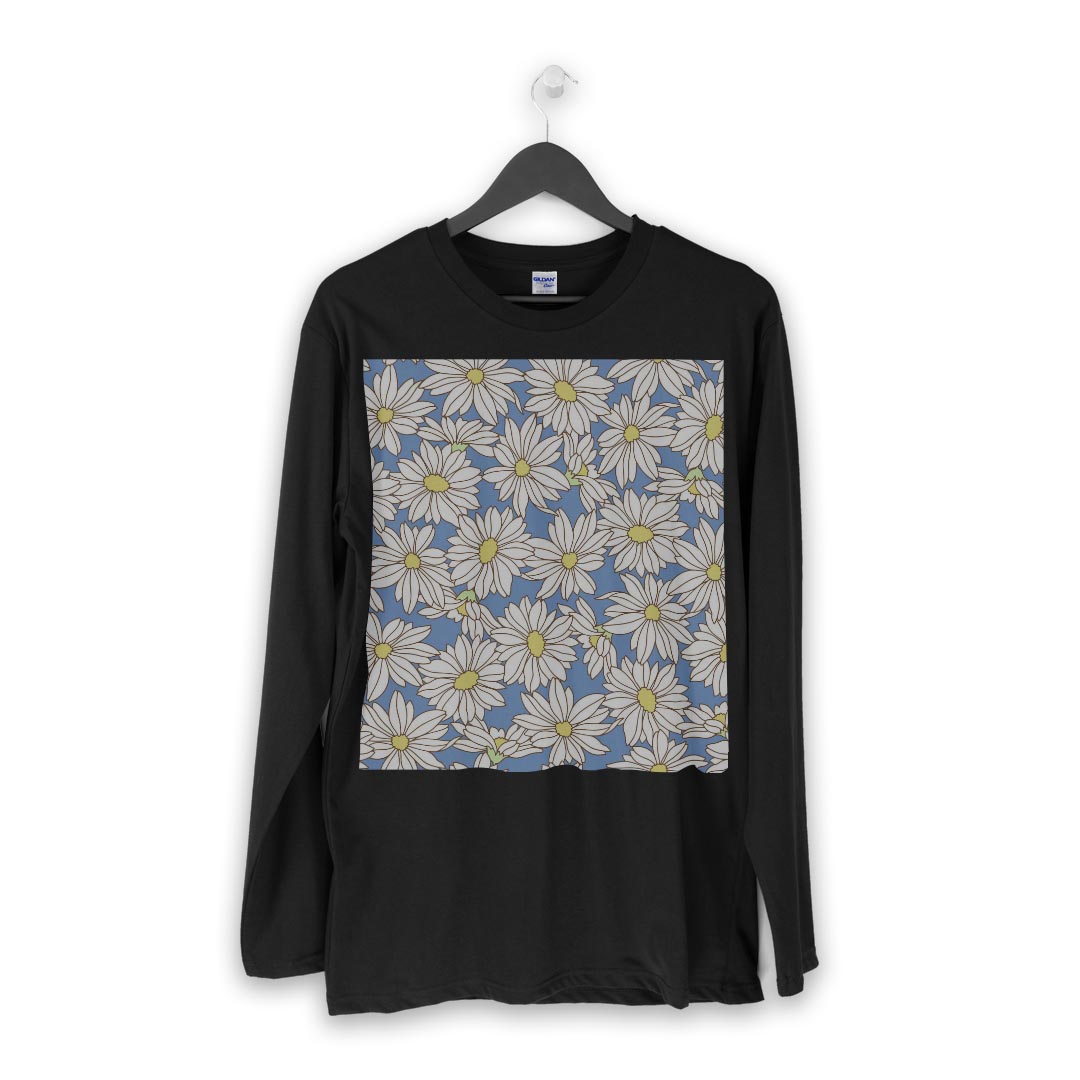 ロング tシャツ メンズ 長袖 ブラック デザイン XS S M L XL 2XL ロンT ティーシャツ 黒 black T shirt long sleeve 011108 マーガレット　花　青