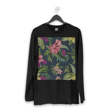 ロング tシャツ メンズ 長袖 ブラック デザイン XS S M L XL 2XL ロンT ティーシャツ 黒 black T shirt long sleeve 012096 ハイビスカス 植物 ネイビー