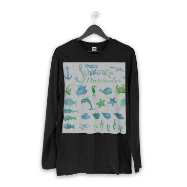 ロング tシャツ メンズ 長袖 ブラック デザイン XS S M L XL 2XL ロンT ティーシャツ 黒 black T shirt long sleeve 013976 海　夏　魚