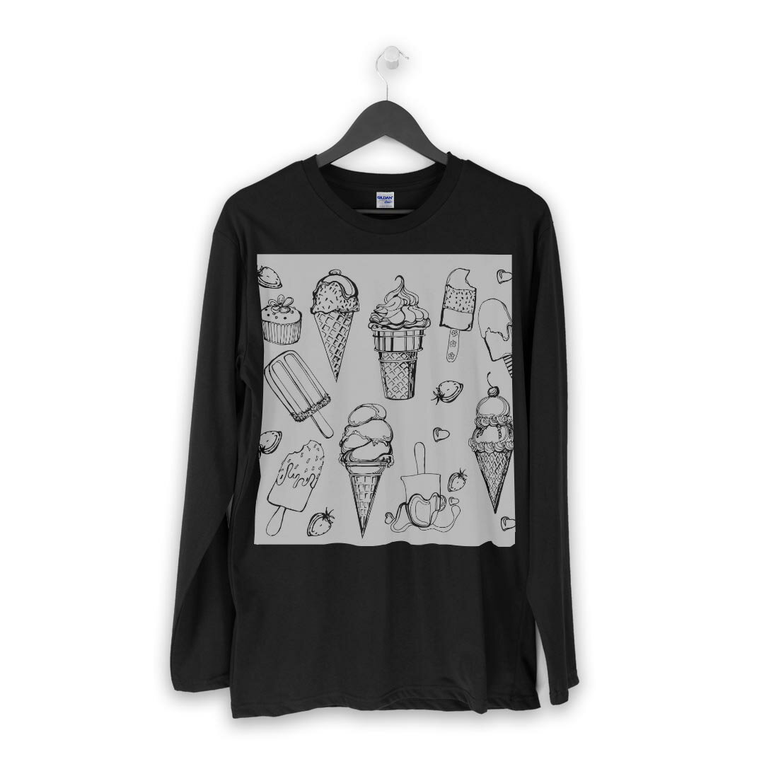 ロング tシャツ メンズ 長袖 ブラック デザイン XS S M L XL 2XL ロンT ティーシャツ 黒 black T shirt long sleeve 014238 アイス　イチゴ　フルーツ