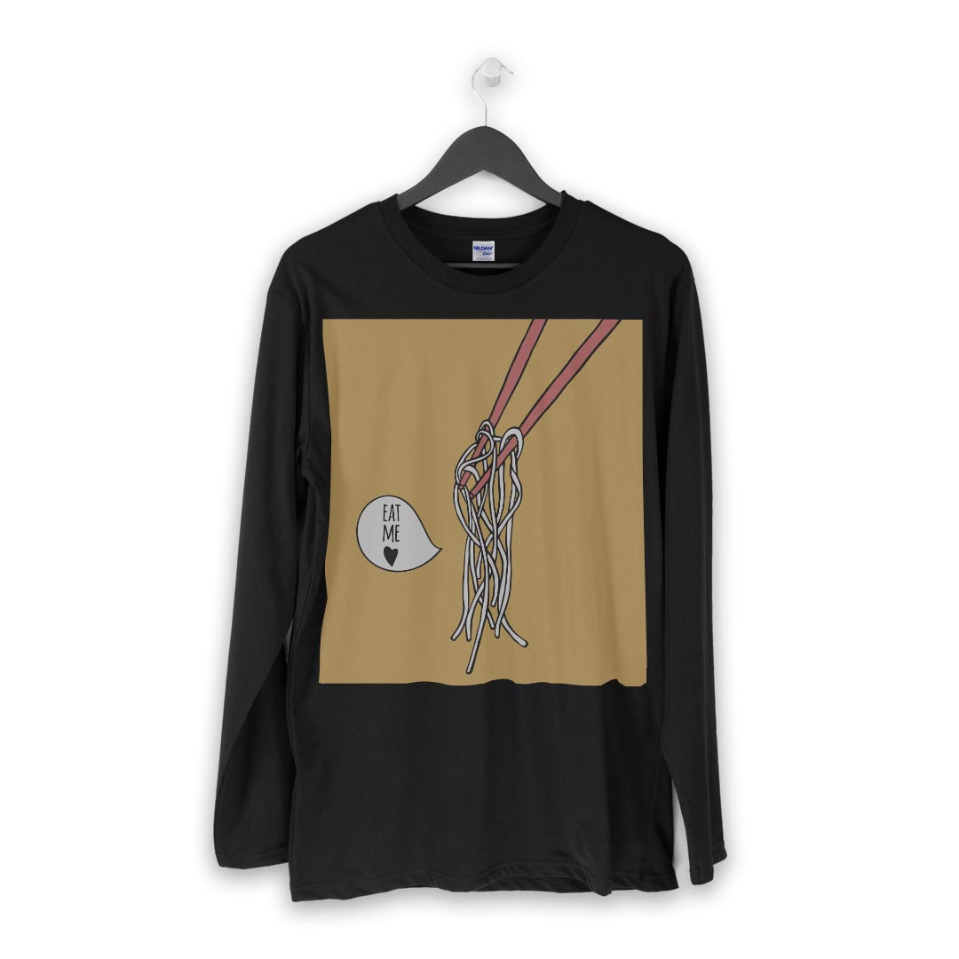 ロング tシャツ メンズ 長袖 ブラック デザイン XS S M L XL 2XL ロンT ティーシャツ 黒 black T shirt long sleeve 015766 食べ物　お箸