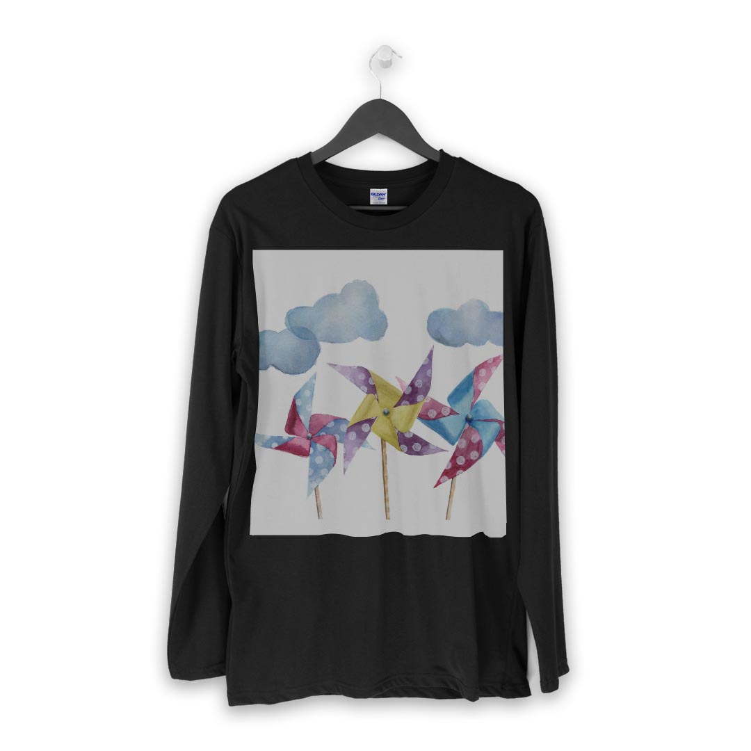 ロング tシャツ メンズ 長袖 ブラック デザイン XS S M L XL 2XL ロンT ティーシャツ 黒 black T shirt long sleeve 015868 風車　雲　かわいい