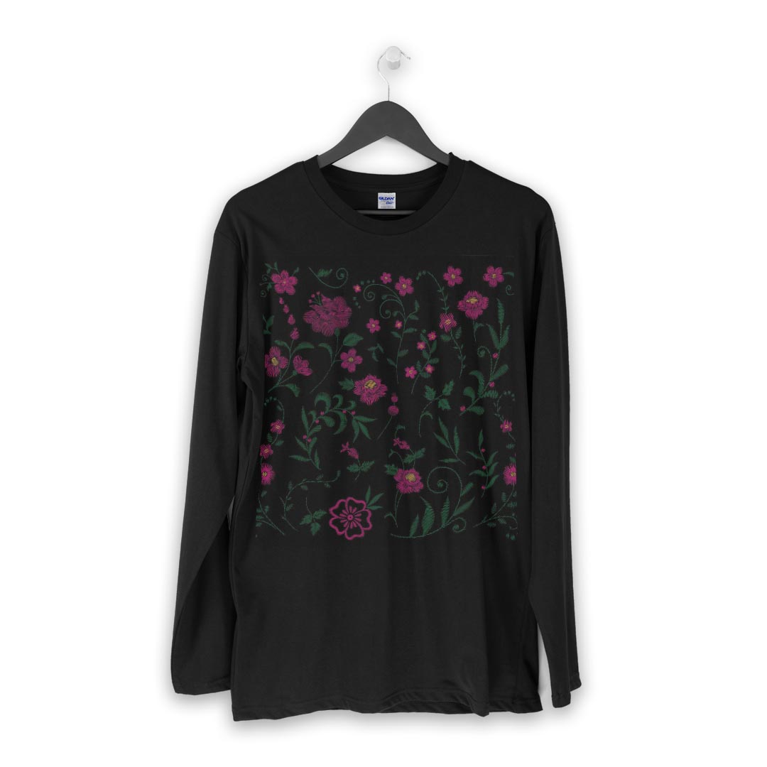 ロング tシャツ メンズ 長袖 ブラック デザイン XS S M L XL 2XL ロンT ティーシャツ 黒 black T shirt long sleeve 015886 花　ピンク　flower
