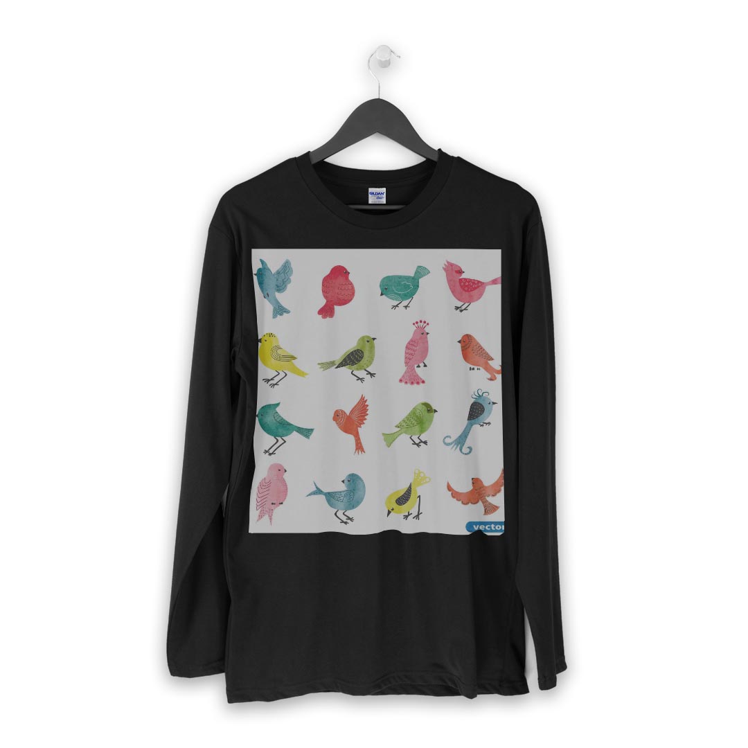 ロング tシャツ メンズ 長袖 ブラック デザイン XS S M L XL 2XL ロンT ティーシャツ 黒 black T shirt long sleeve 015928 とり　鳥　カラフル