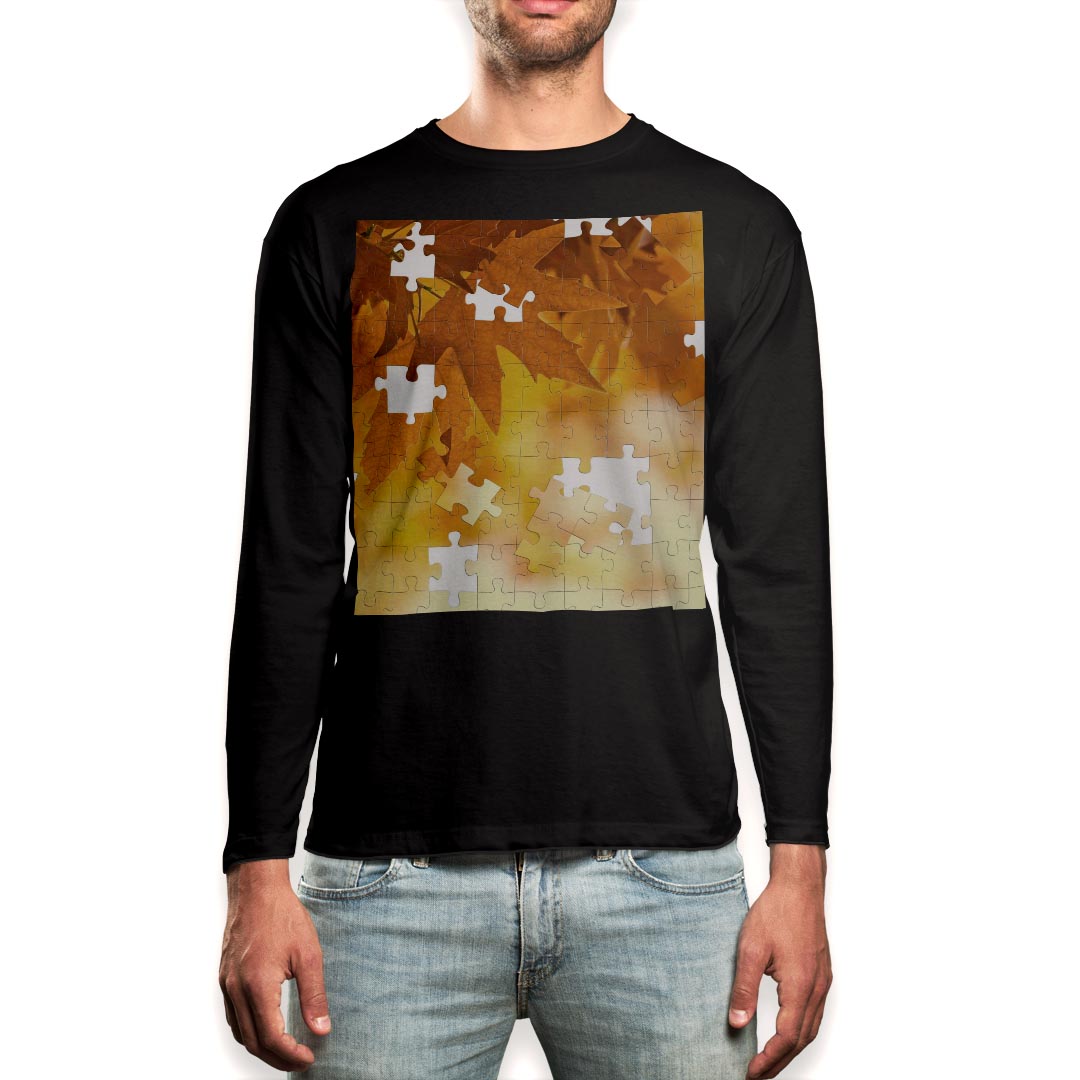 乐天商城 - ロング tシャツ メンズ 長袖 ブラック デザイン XS S M L XL 2XL ロンT ティーシャツ 黒 black T shirt long sleeve 002461 紅葉　パズル