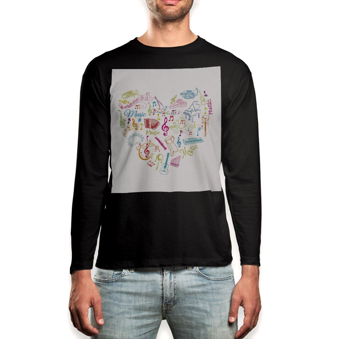 Long-Sleeved - ロング tシャツ メンズ 長袖 ブラック デザイン XS S M L XL 2XL ロンT ティーシャツ 黒 black T shirt long sleeve 002503 ハート　音楽　カラフル